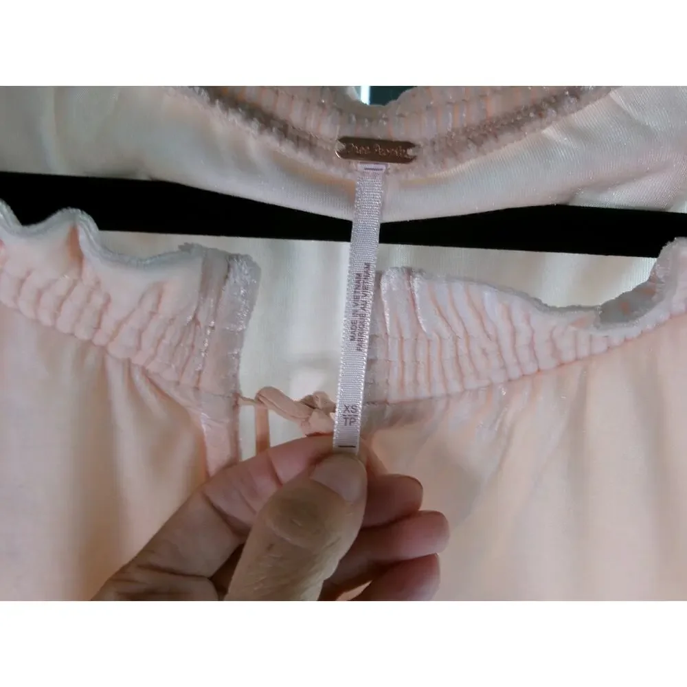Free People Terese Velour Puff Sleeve Tie Neck Top Pink XS